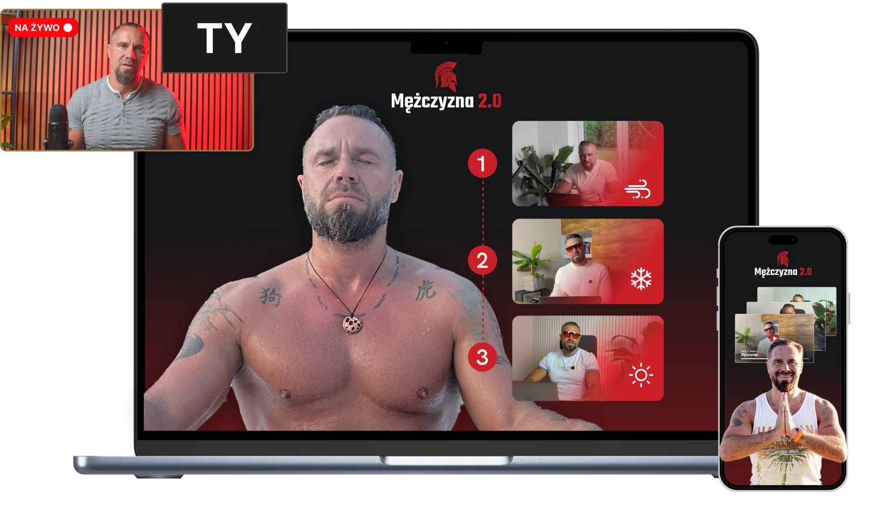 Mentorskie prowadzenie w programie Mężczyzna 2.0: spotkania na żywo i lekcje dostępne na komputerze oraz telefonie.